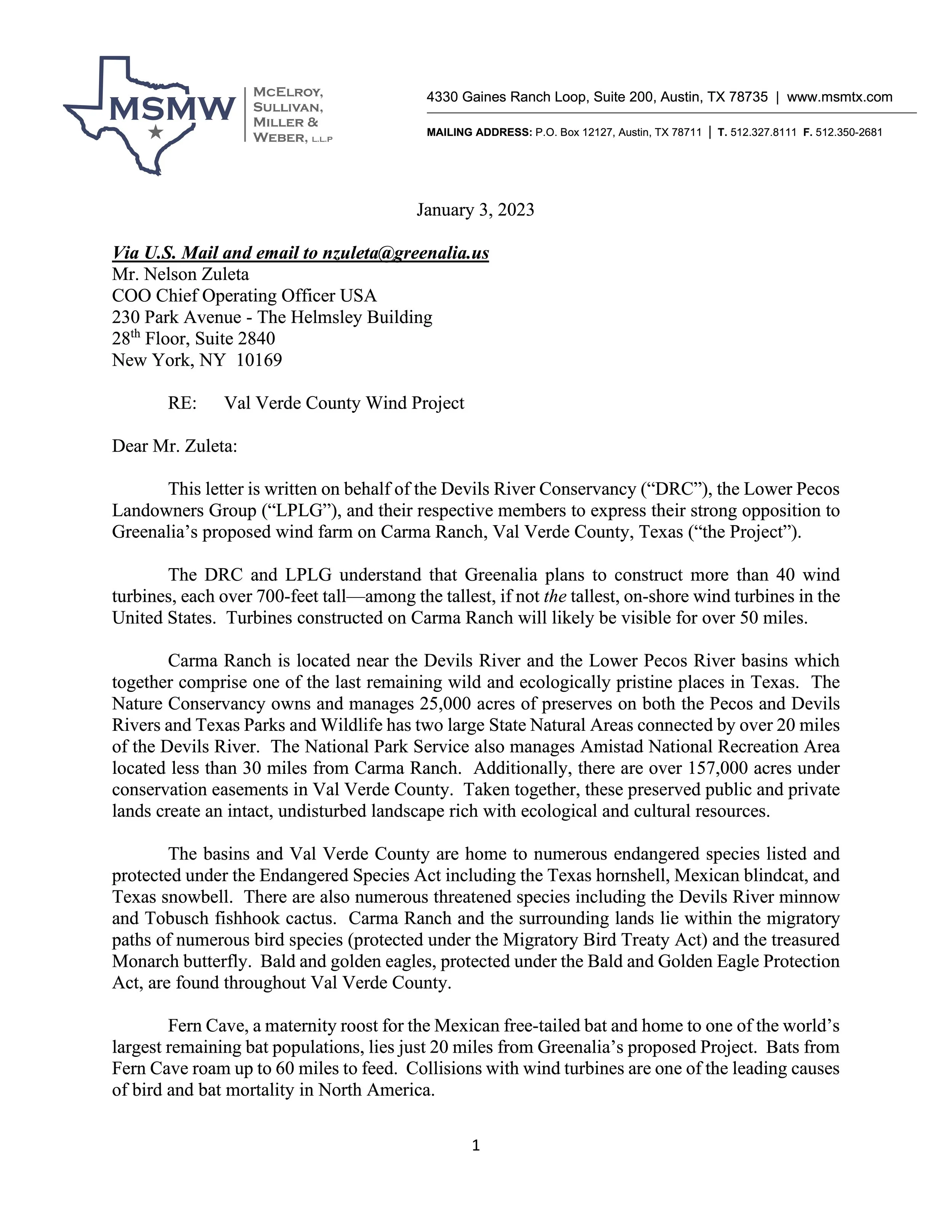 Letter of Opposition to Greenalia Wind Farm Development — Devils